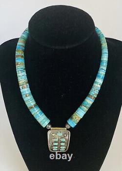 Vintage Navajo Turquoise Heishi Bead Disc Sterling Silver Pendant Necklace