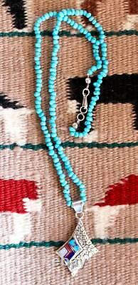 Vintage Navajo Turquoise Lapis Opal Inlay Pendant on Turquoise Beads Necklace