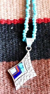 Vintage Navajo Turquoise Lapis Opal Inlay Pendant on Turquoise Beads Necklace