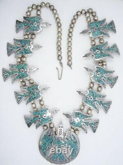 Vintage Navajo Turquoise Mosaic Sterling Peyote Bird Squash Blossom Necklace 24