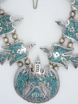 Vintage Navajo Turquoise Mosaic Sterling Peyote Bird Squash Blossom Necklace 24
