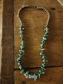 Vintage Navajo Turquoise Nugget & Sterling Bead Necklace, 22 In