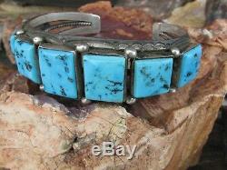 Vintage Navajo Turquoise Old Pawn Square Cut Row Bracelet Sterling Silver Cuff