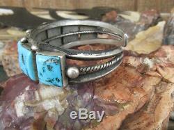 Vintage Navajo Turquoise Old Pawn Square Cut Row Bracelet Sterling Silver Cuff