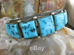 Vintage Navajo Turquoise Old Pawn Square Cut Row Bracelet Sterling Silver Cuff