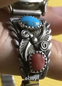Vintage Navajo Turquoise & Red Coral Sterling SILVER Watch Band Native American