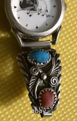 Vintage Navajo Turquoise & Red Coral Sterling SILVER Watch Band Native American