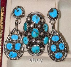 Vintage Navajo Turquoise Silver Earrings Ring Sz 5.5 Set Native American Signed
