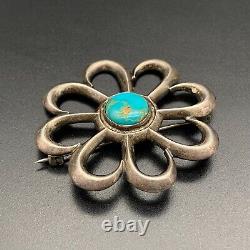 Vintage Navajo Turquoise Silver Sand Cast Brooch Pin