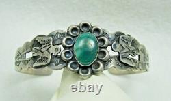 Vintage Navajo Turquoise Silver Thunderbird Stamped Arrows Cuff Bracelet