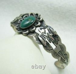 Vintage Navajo Turquoise Silver Thunderbird Stamped Arrows Cuff Bracelet