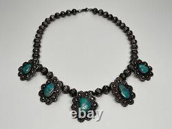 Vintage Navajo Turquoise Stamped Bead Silver Necklace