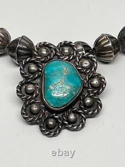 Vintage Navajo Turquoise Stamped Bead Silver Necklace