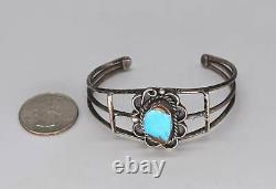 Vintage Navajo Turquoise & Sterling Flower Cuff Bracelet- c1970's -6.25 wearble