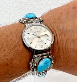 Vintage Navajo Turquoise Sterling Silver Automatic Watch-signed