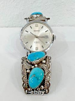 Vintage Navajo Turquoise Sterling Silver Automatic Watch-signed