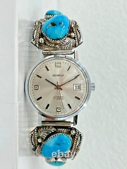 Vintage Navajo Turquoise Sterling Silver Automatic Watch-signed