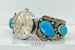 Vintage Navajo Turquoise Sterling Silver Automatic Watch-signed