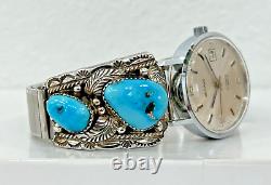 Vintage Navajo Turquoise Sterling Silver Automatic Watch-signed