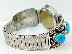 Vintage Navajo Turquoise Sterling Silver Automatic Watch-signed