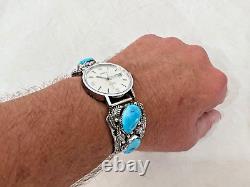 Vintage Navajo Turquoise Sterling Silver Automatic Watch-signed