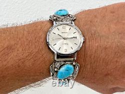 Vintage Navajo Turquoise Sterling Silver Automatic Watch-signed