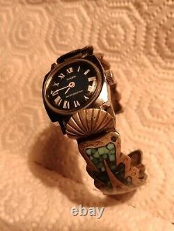 Vintage Navajo Turquoise Sterling Silver Bracelet with Timex mechanic watch