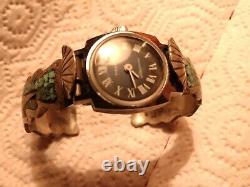 Vintage Navajo Turquoise Sterling Silver Bracelet with Timex mechanic watch