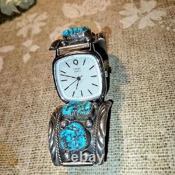 Vintage Navajo Turquoise Sterling Silver Harrison Yassi Watch