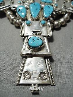 Vintage Navajo Turquoise Sterling Silver Kachina Squash Blossom Necklace