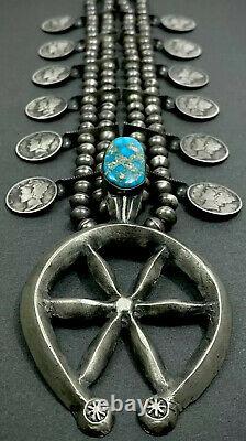 Vintage Navajo Turquoise Sterling Silver Mercury Dime Squash Blossom Necklace