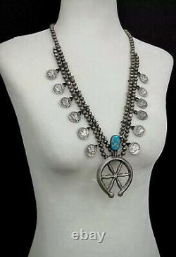 Vintage Navajo Turquoise Sterling Silver Mercury Dime Squash Blossom Necklace