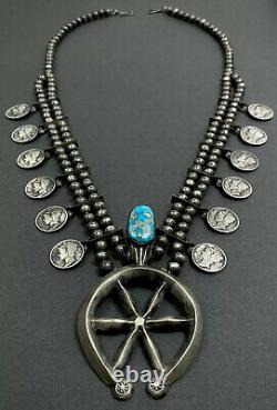 Vintage Navajo Turquoise Sterling Silver Mercury Dime Squash Blossom Necklace