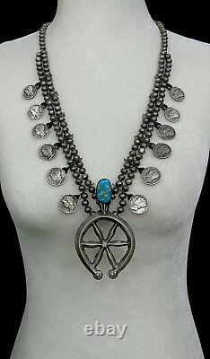 Vintage Navajo Turquoise Sterling Silver Mercury Dime Squash Blossom Necklace