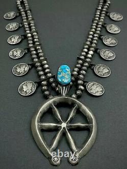 Vintage Navajo Turquoise Sterling Silver Mercury Dime Squash Blossom Necklace