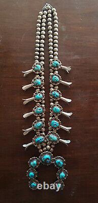 Vintage Navajo Turquoise Sterling Silver Squash Blossom 3 Petal Necklace
