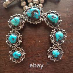 Vintage Navajo Turquoise Sterling Silver Squash Blossom 3 Petal Necklace