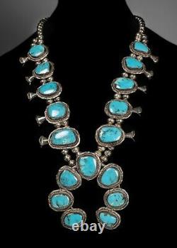 Vintage Navajo Turquoise Sterling Silver Squash Blossom Necklace