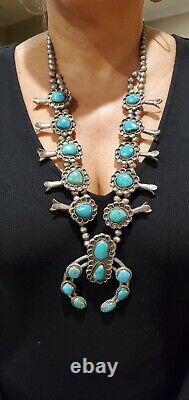 Vintage Navajo Turquoise & Sterling Silver Squash Blossom Necklace