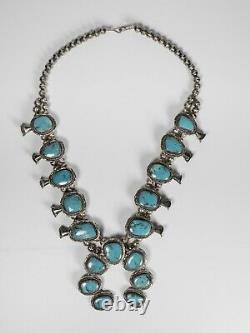 Vintage Navajo Turquoise Sterling Silver Squash Blossom Necklace