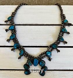 Vintage Navajo Turquoise Sterling Silver Squash Blossom Necklace Authentic