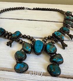 Vintage Navajo Turquoise Sterling Silver Squash Blossom Necklace Authentic