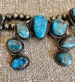 Vintage Navajo Turquoise Sterling Silver Squash Blossom Necklace Authentic