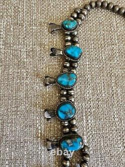 Vintage Navajo Turquoise Sterling Silver Squash Blossom Necklace Authentic