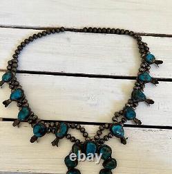 Vintage Navajo Turquoise Sterling Silver Squash Blossom Necklace Authentic