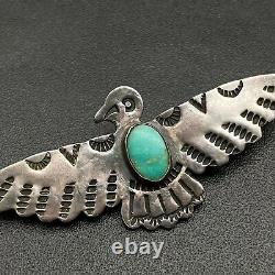 Vintage Navajo Turquoise Thunderbird Hand Stamped Sterling Silver Brooch Pin
