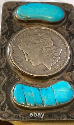 Vintage Navajo Turquoise and Sterling Silver Belt Buckle with 1921 Morgan Silver