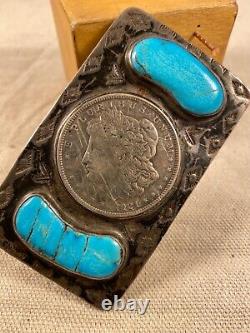 Vintage Navajo Turquoise and Sterling Silver Belt Buckle with 1921 Morgan Silver