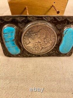 Vintage Navajo Turquoise and Sterling Silver Belt Buckle with 1921 Morgan Silver