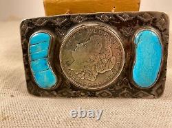 Vintage Navajo Turquoise and Sterling Silver Belt Buckle with 1921 Morgan Silver